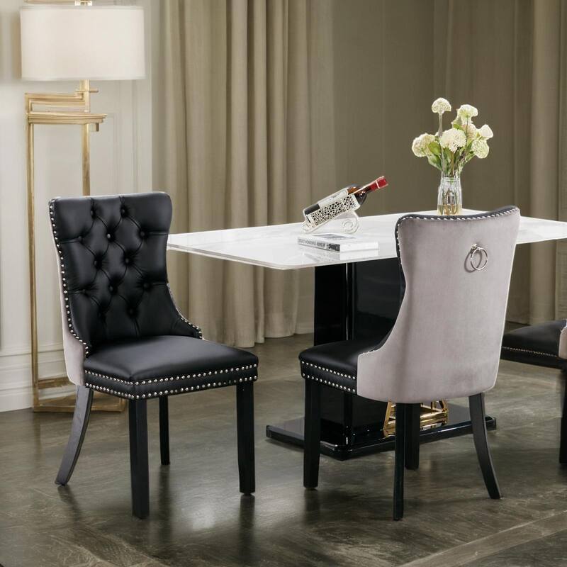 Set of 2 PU Leather and Velvet Dining Chairs Tufted Back with Nailed Trim and Back Ring Pull Home Kitchen Dining Room Chairs