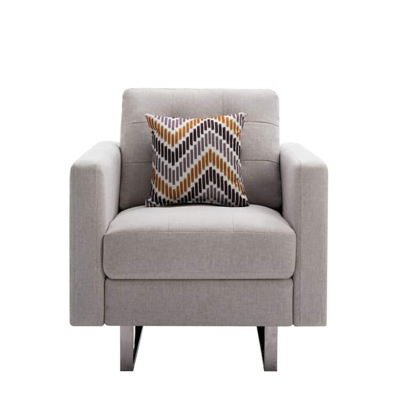 Linen Fabric Armchair with Metal Legs, Side Pockets, and Pillow - Beige