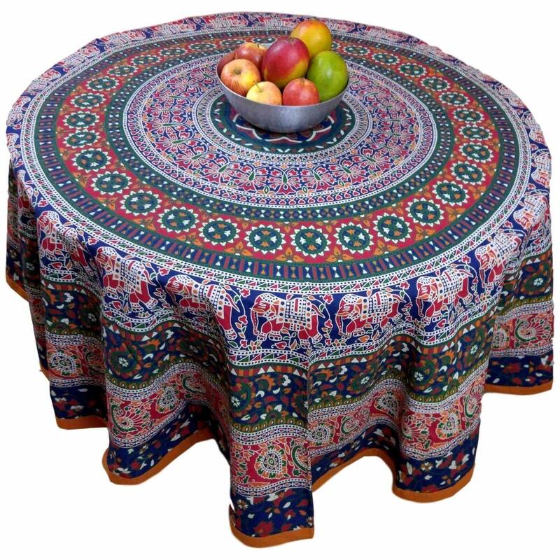 Cotton Happy Elephant Mandala Floral Tablecloth Round