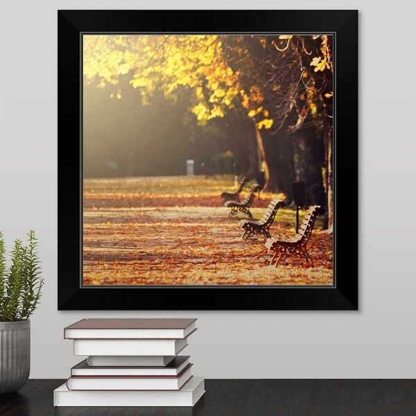 "Park alley in fall, four empty benches, golden and fallen leaves in soft sunlight." Black Framed Print