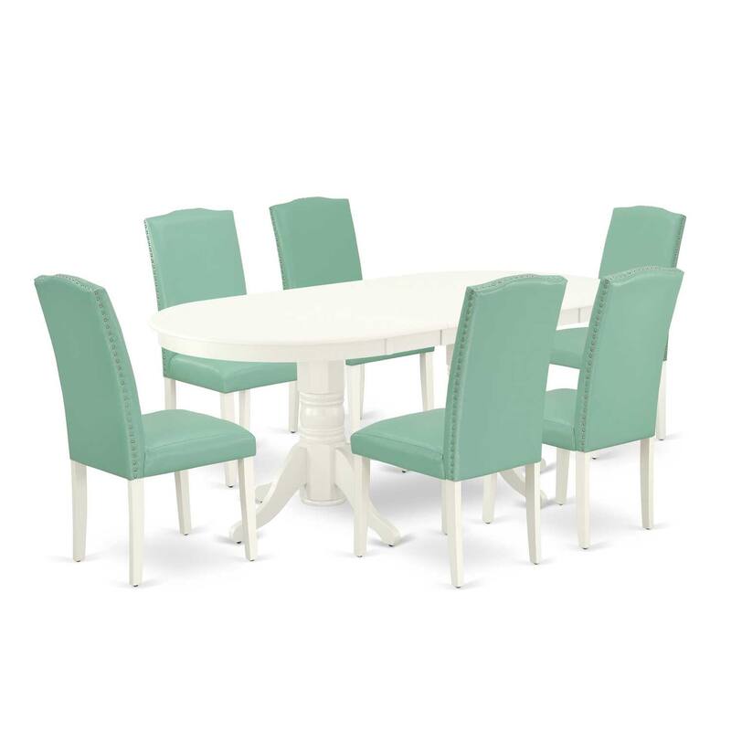 Antique Dining Set 7Pc Table & Chairs - Linen White Legs, Pond PU Leather - Butterfly Leaf