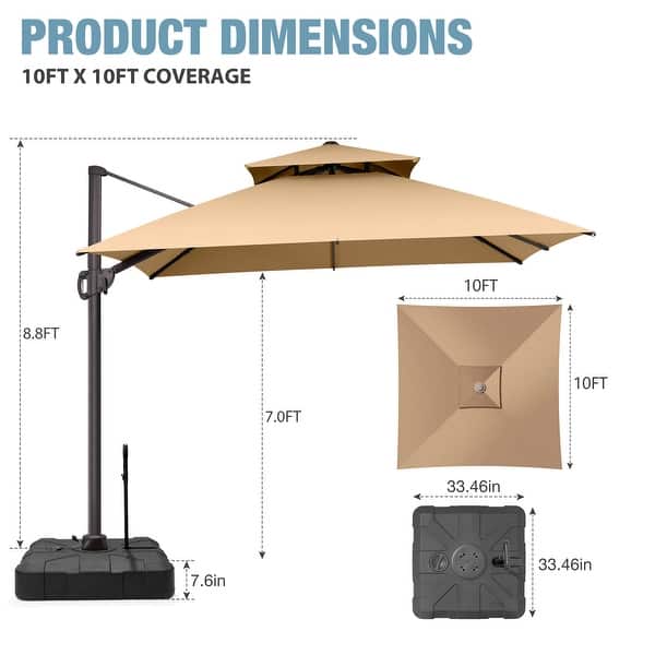dimension image slide 4 of 5, VredHom Double Top 10x10 FT Square Patio Cantilever Umbrella with Rod Wheel Base