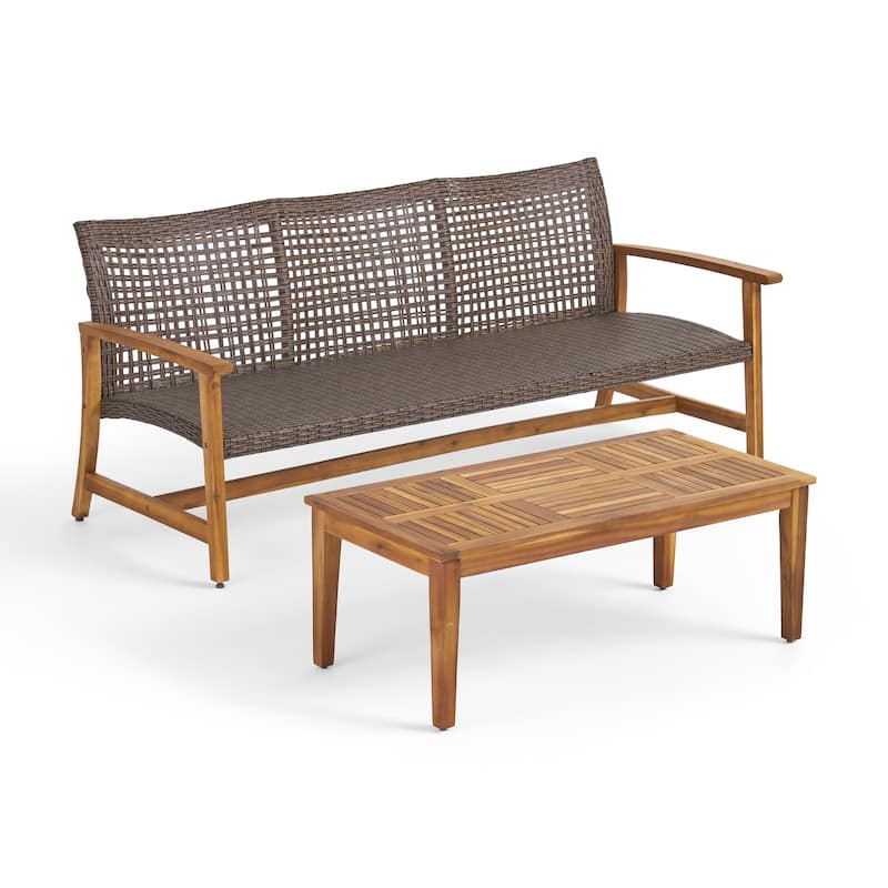 Hampton Outdoor Wood and Wicker Sofa and Coffee Table Set by Christopher Knight Home