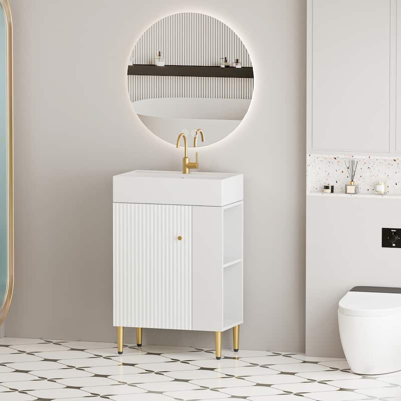Open-shelving Bathroom Vanity with Ceramic Sink and Soft-Closing Door, Cloakroom Open Shelf Storage Cabinet on the Left Side