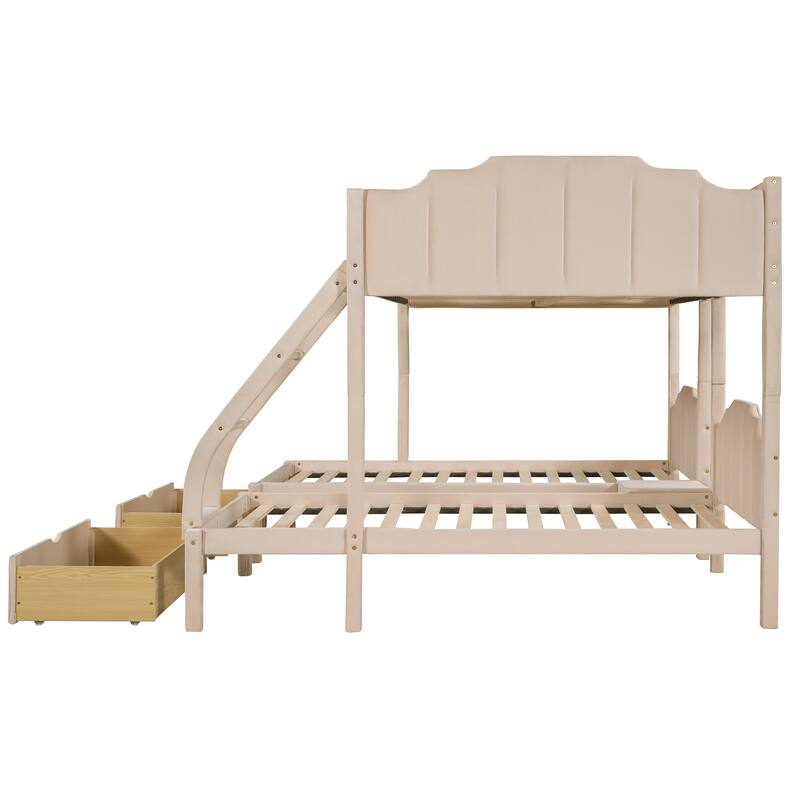 HomeRoots Beige Full Over Two Twins Solid Wood Bunk Bed With Drawers And Storage