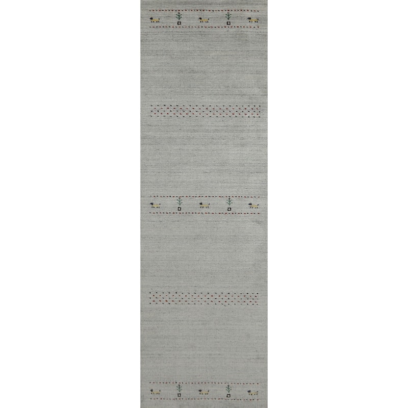 Grey Tribal Gabbeh Indian Runner Rug Hand-Knotted Wool Carpet - 2'4" x 9'8"