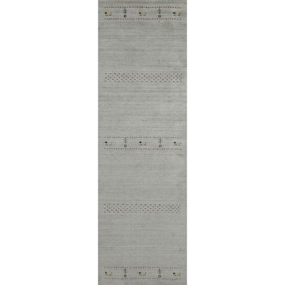 Grey Tribal Gabbeh Indian Runner Rug Hand-Knotted Wool Carpet - 2'4" x 9'8"