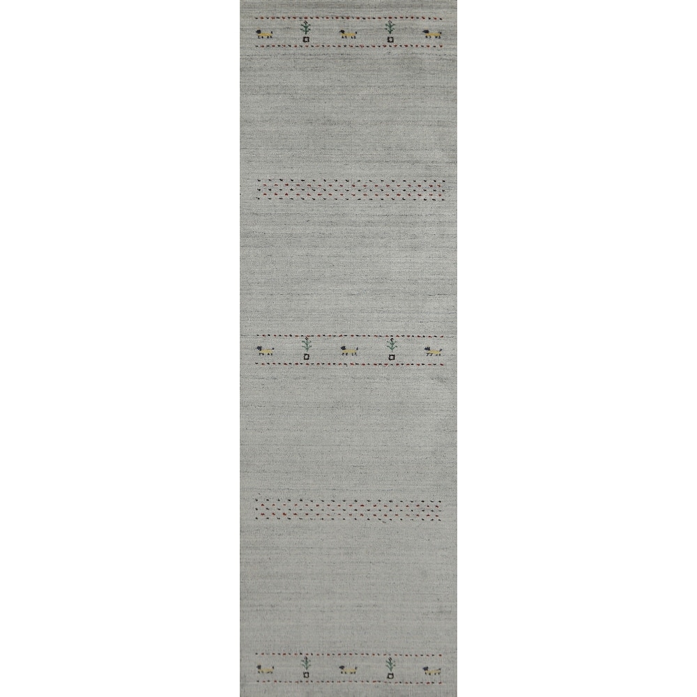 Grey Tribal Gabbeh Indian Runner Rug Hand-Knotted Wool Carpet - 2'4" x 9'8"