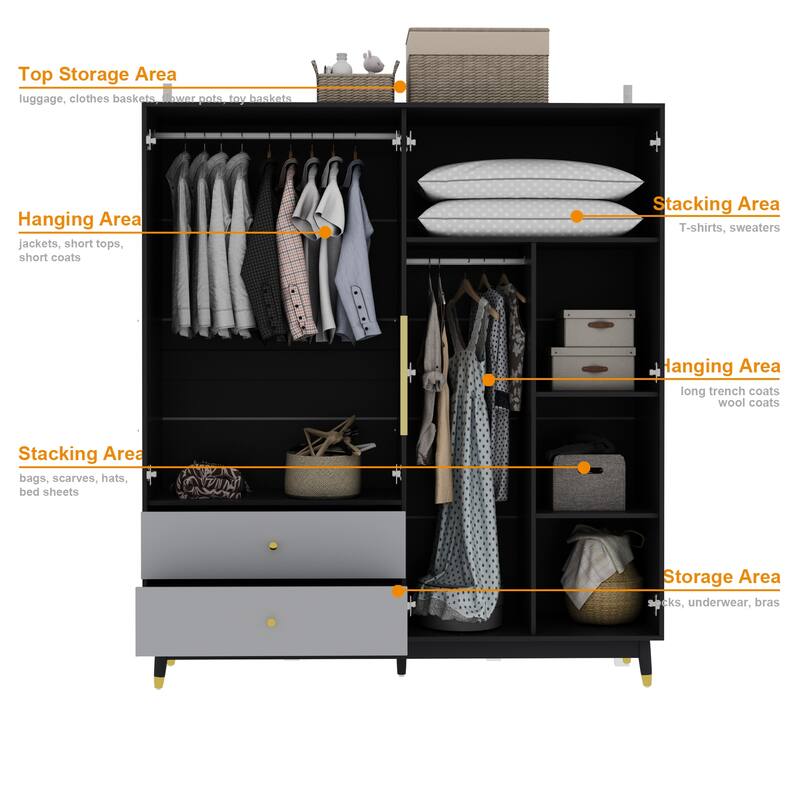 Wooden 2 Drawers 4 Doors Wardrobe Armoire With Mirror (Gray/Black)