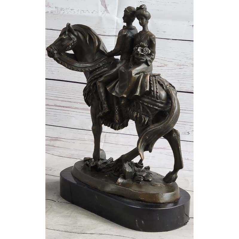 Elegant Bride And Groom On Imitative Horse Back Solid Bronze Sculpture By Milo Hand Made