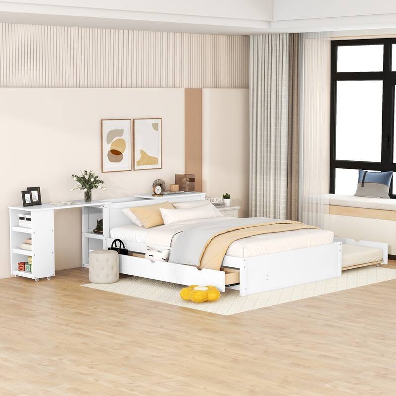 Full Size Platform Bed With a Rolling Shelf, White