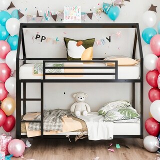 Modern Black Twin over Twin Timeless Design House Bunk Bed With Built-in Convertible Ladder