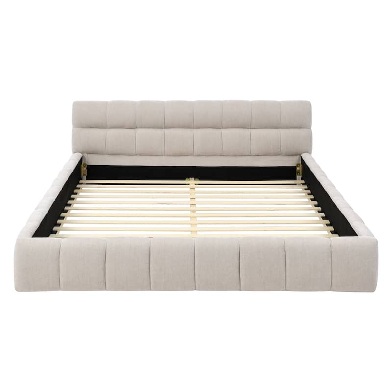 Chenille Fabric Grounded Queen Size Platform Bed with Headboard and Solid Frame