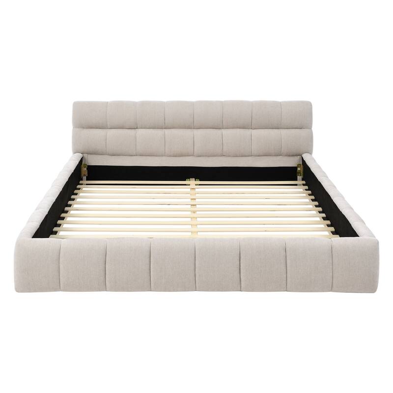 Roomfitters Queen Upholstered Low Platform Bed, Chenille Fabric Frame with Headboard, No Box Spring Needed
