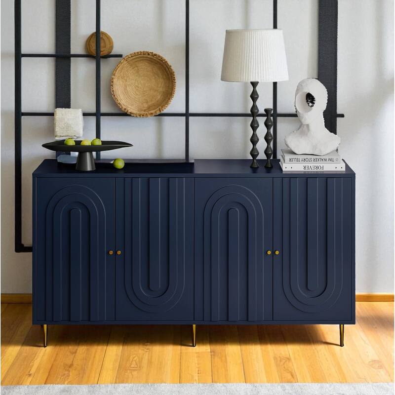 Modern Lacquered 4-Door Sideboard Buffet Cabinet with Adjustable Shelves and Gold Metal Legs, MDF Storage Cabinet.