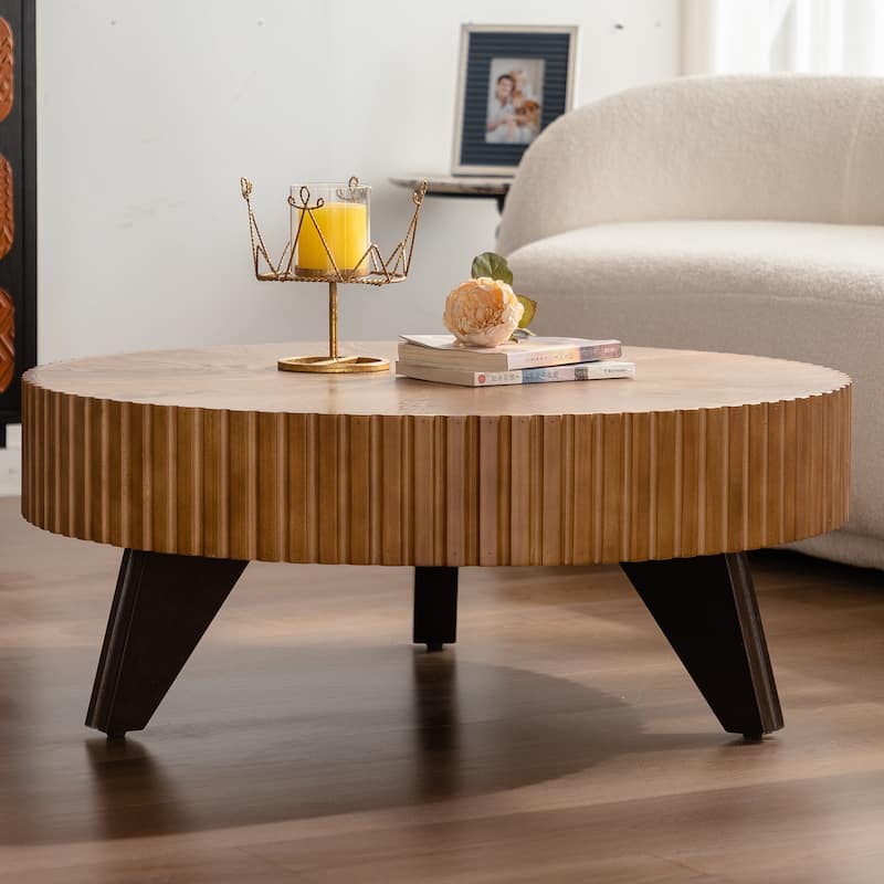 35.4 Inch Retro Round Coffee Table Multifunctional Coffee Table with 3 Solid Wood Legs for Living Room, Brown