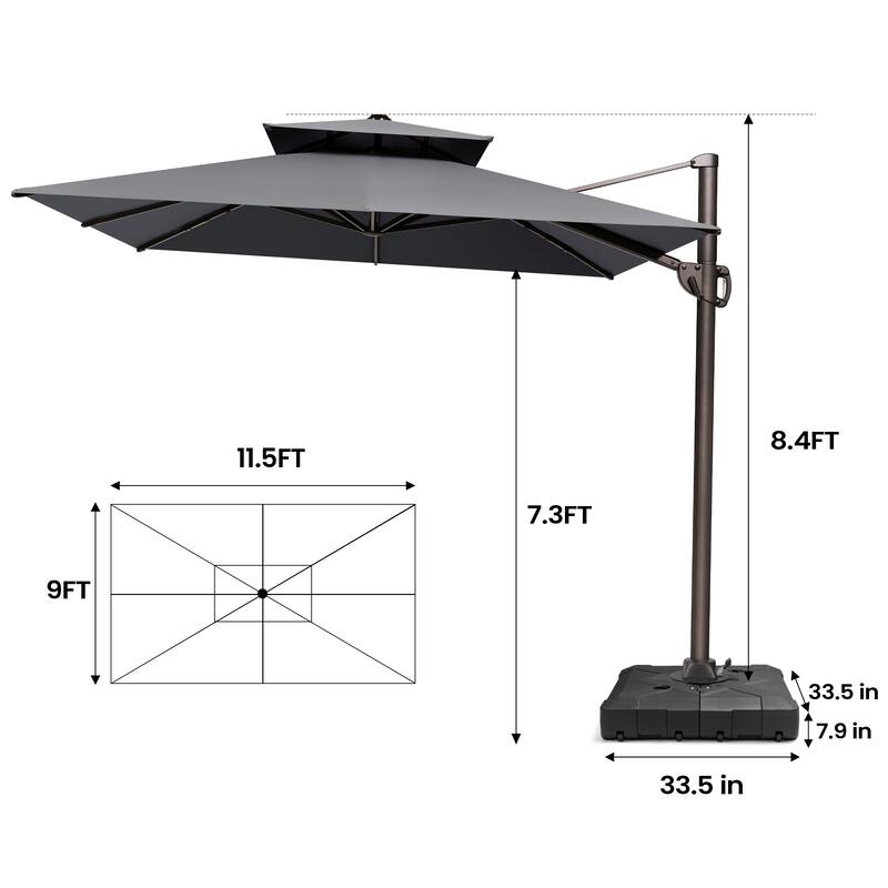Pellebant 9 FT x 11.5 FT Outdoor Patio Dual Top Cantilever Offset Umbrella with Wheel Base