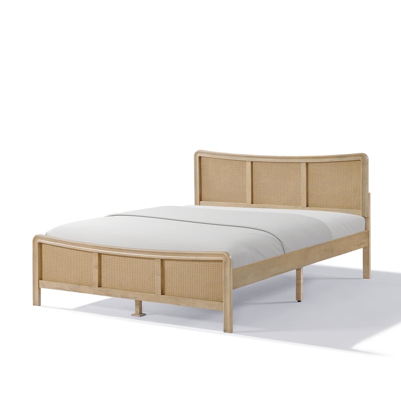 Christopher Knight Home- Celestine Curved Rubberwood Bed Frame with Rattan Headboard
