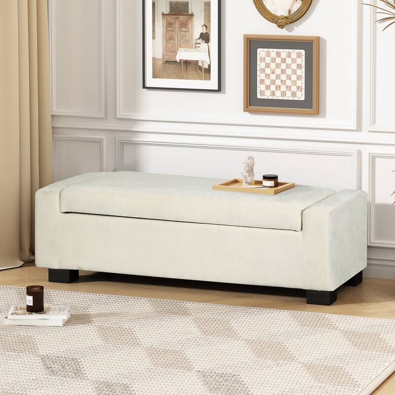 Fabric Upholstered Storage Ottoman with Flip-Lid Top - White
