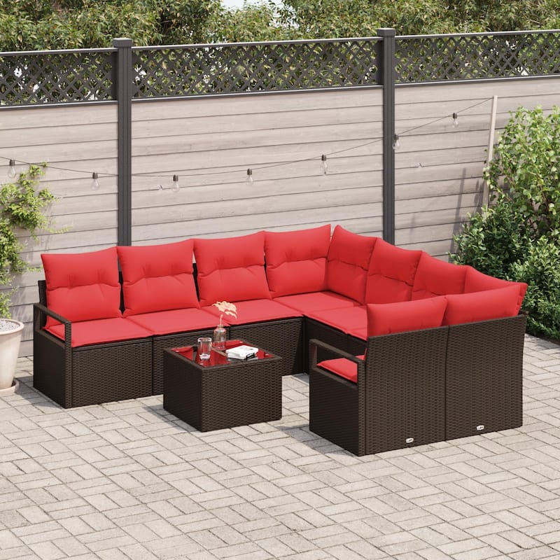 vidaXL 9 Garden Sofa Set with Cushions Black/Brown/Grey Poly Rattan - 91.3 x 92.1 x 27.2