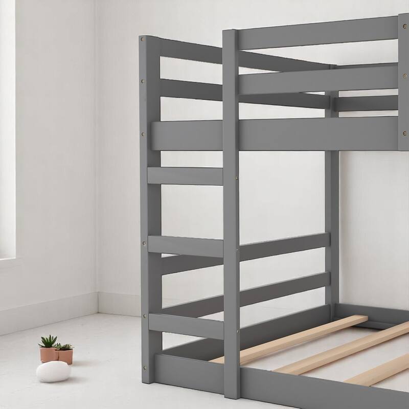 Full Over Full Bunk Bed with Ladder and Guardrails, Solid Wood Frame, No Box Spring Required