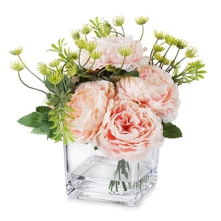 Enova Home Artificial Mixed Silk Peony Fake Flowers in Cube Glass Vase ...