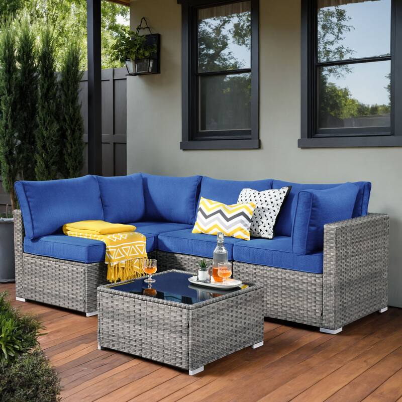 OVIOS 5-Piece Low-profile Deep Seat Wicker Outdoor Patio Furniture Set - Navy Blue