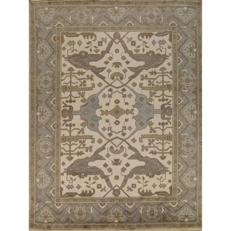 Ivory Oushak Indian Area Rug Handmade Wool Carpet - 8'1"x 9'8"