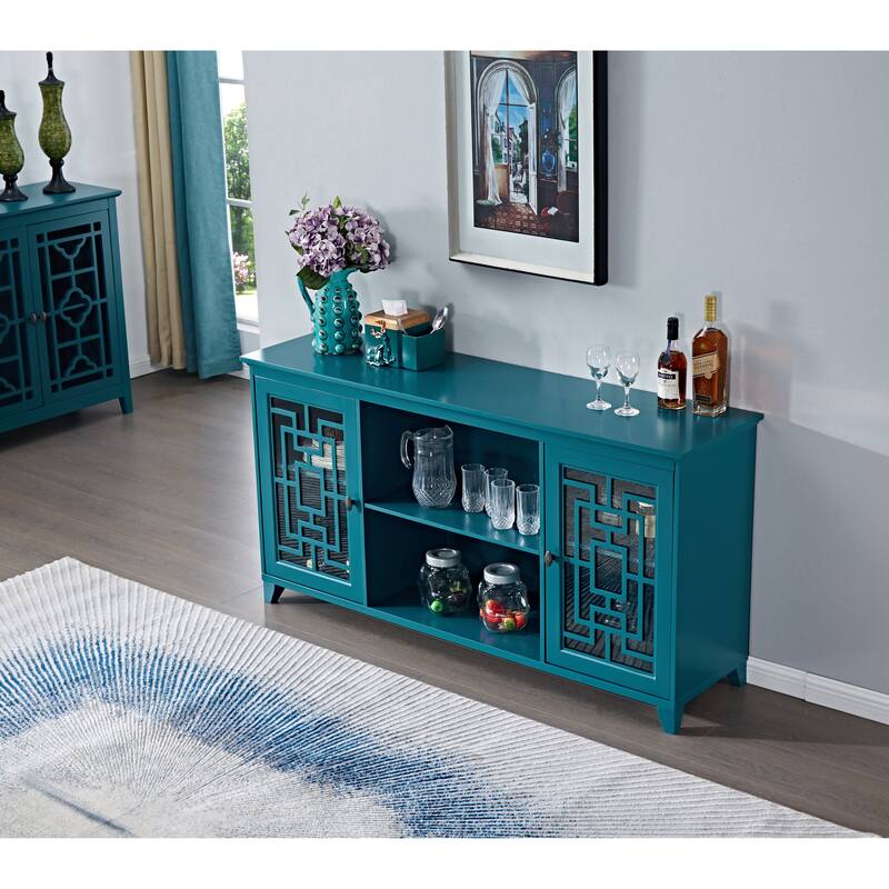 Modern Sideboard Storage Cabinet with Adjustable Shelves, Tempered Glass and Exquisite Hardware Accessories, Teal Blue
