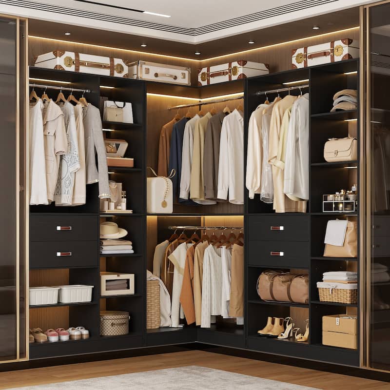 Set of 3 Corner Closet System with Tower Shelves, Closet Organizer with Drawers and Hanging Rods