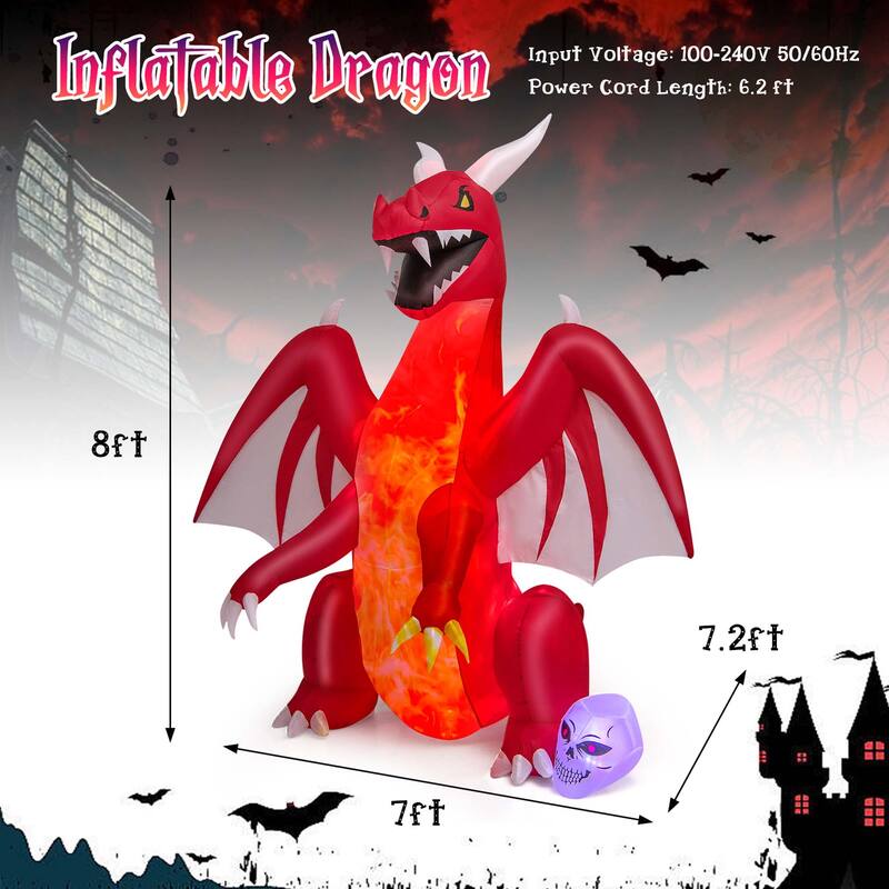 8 FT Halloween Inflatable Red Dragon w/ Wings Decoration Light