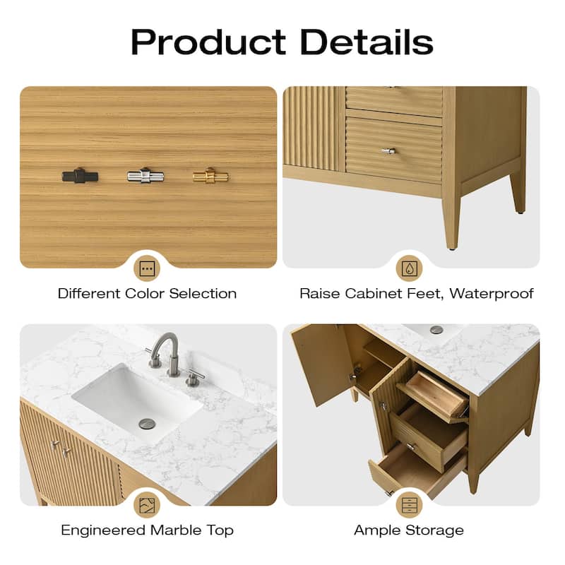 Vanity Art 42" Single Sink Bathroom Vanity Cabinet with Engineered Marble Countertop