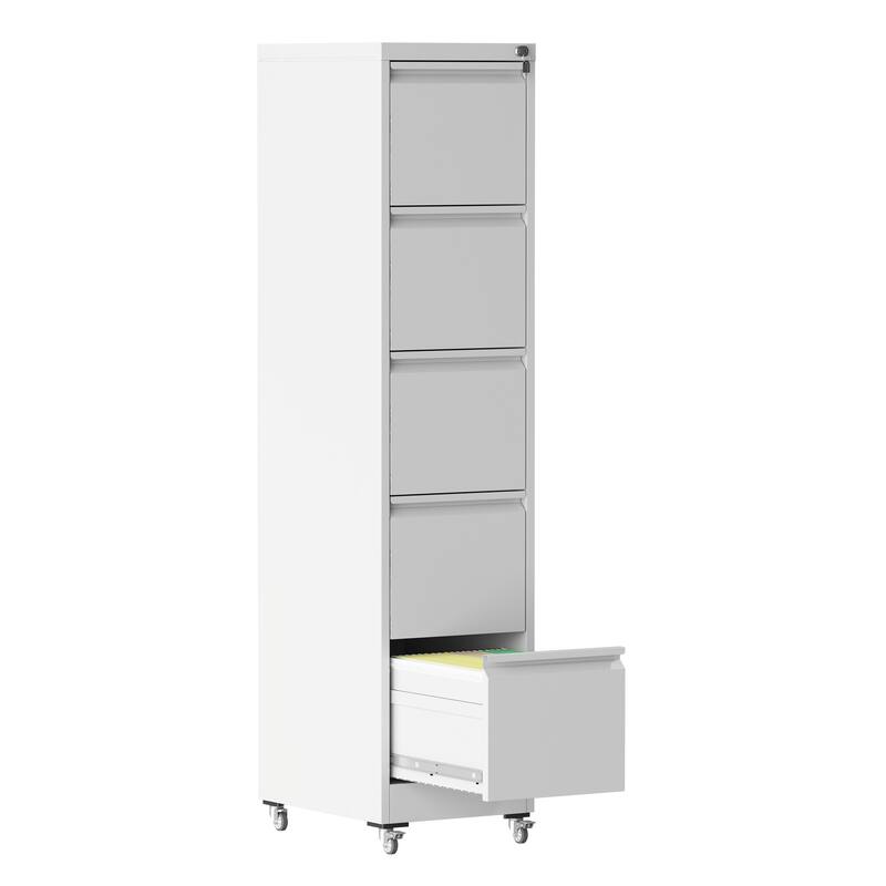 5 Drawer Metal Vertical File Cabinet with Lock on Wheels,Heavy Duty Metal Storage Cabinet, 17.71"D*15.16"W*64.17"H