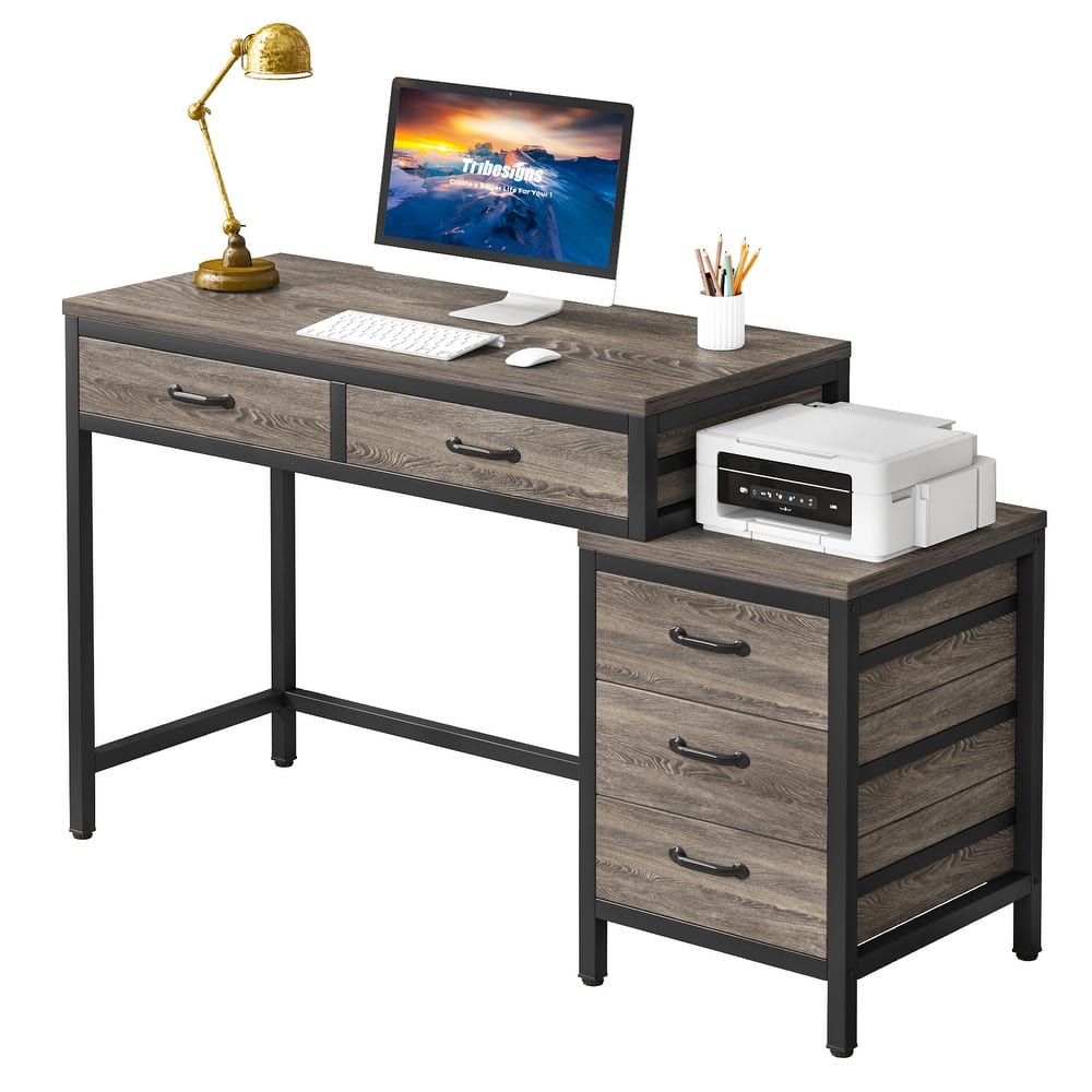5 Drawers Computer Desk, Study Writing Desk with Reversible Filing Cabinet for Home Office