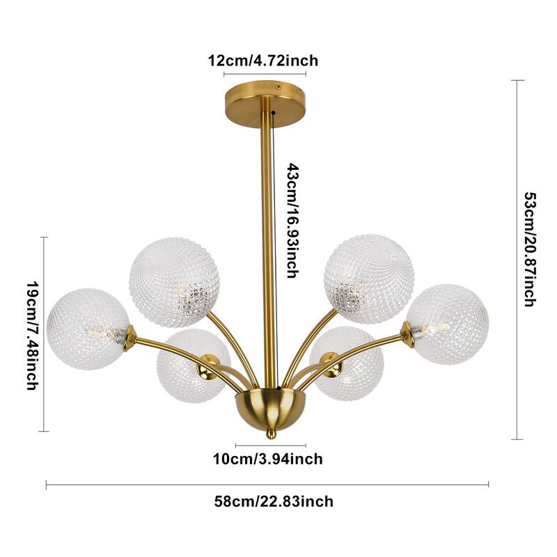 6 - Light Polished Brass Chandelier, Hand crafted Textured Glass Globes - Gold