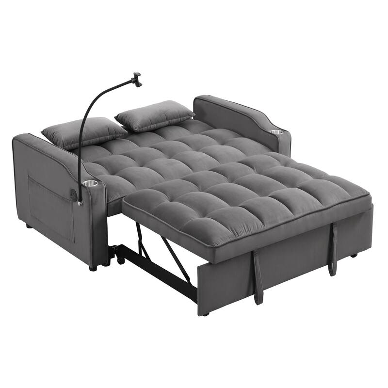 Foldable Sofa Bed with USB and Phone Holder, 2-Seat Settee with Two Pillows, Love Seat Couch with Adjustable Backrest