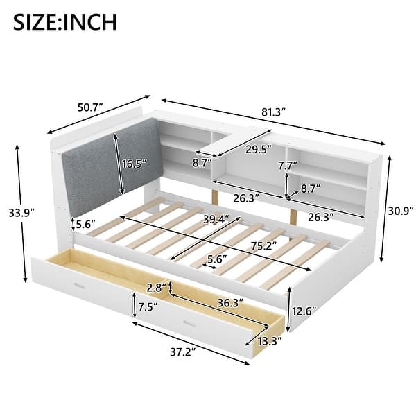 dimension image slide 1 of 2, Wood Twin Size Platform Bed with Storage Headboard, Shelves and 2 Drawers, White