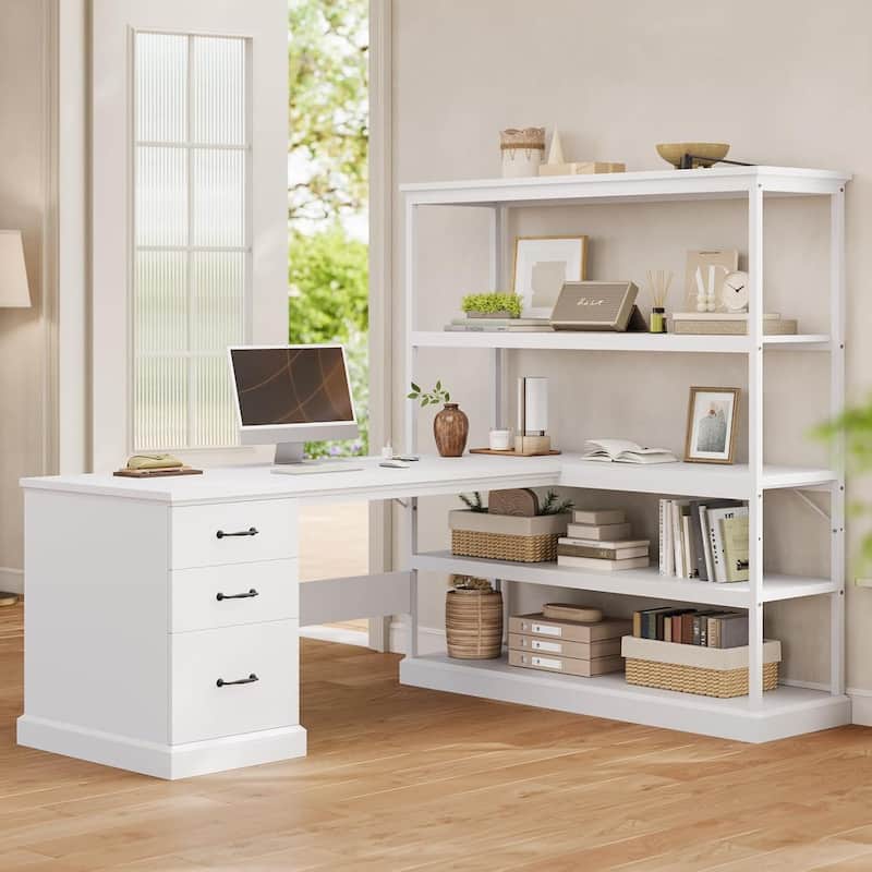 L Shaped Desk Drawers Storage Shelves Executive Home Office Desk