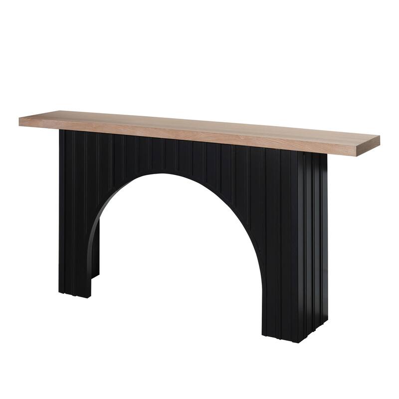 Minimalist Vertical Stripe Console Table with Black Arch Base and Natural Wood Top, Modern Entryway Table - 4 Assembly Styles