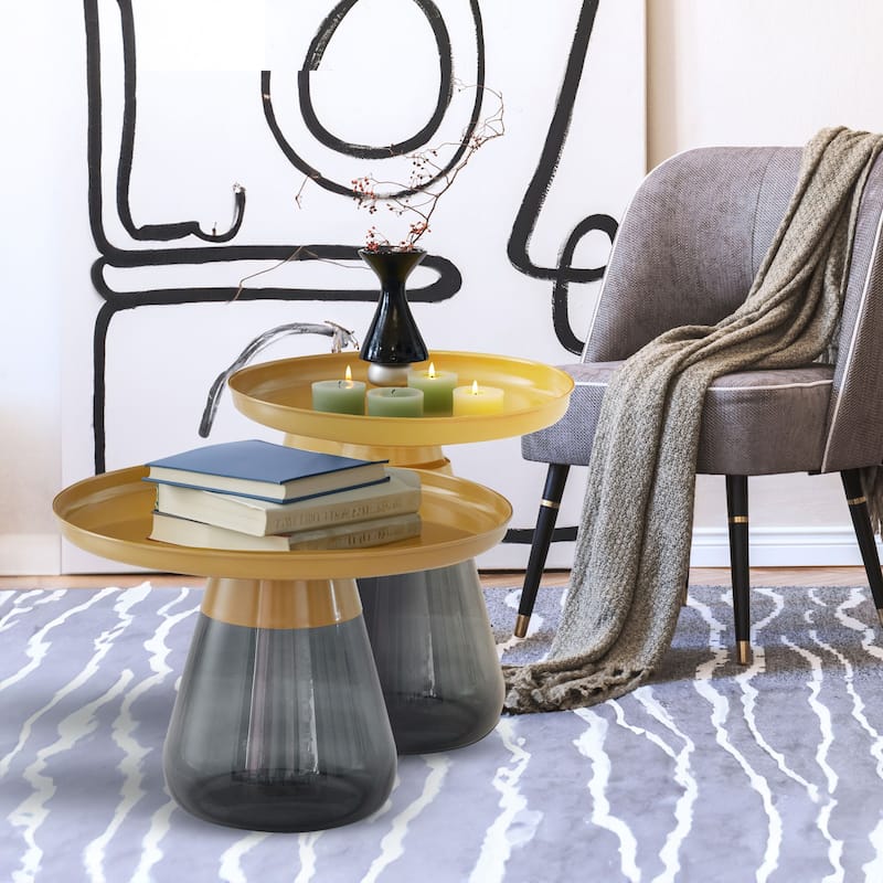 Gold Titanium Coffee Table Set of Two with Glass Base Modern Accent - 24x17 19x20
