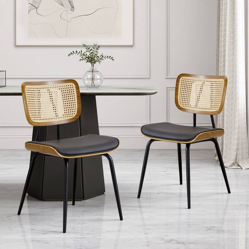 Faux Leather Upholstered Dining Chairs Set of 2/4 - 33.5"H x 19.3"W x 23"D - Set of 2 - Black-Rattan back