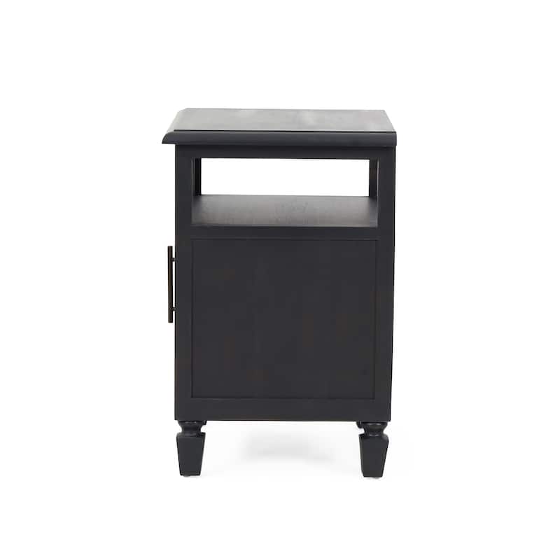 Roomfitters Modern Wood Nightstand with Open Shelf and Cabinet, Accent Side Table with Textured Door and Brass Handle, Dark Grey