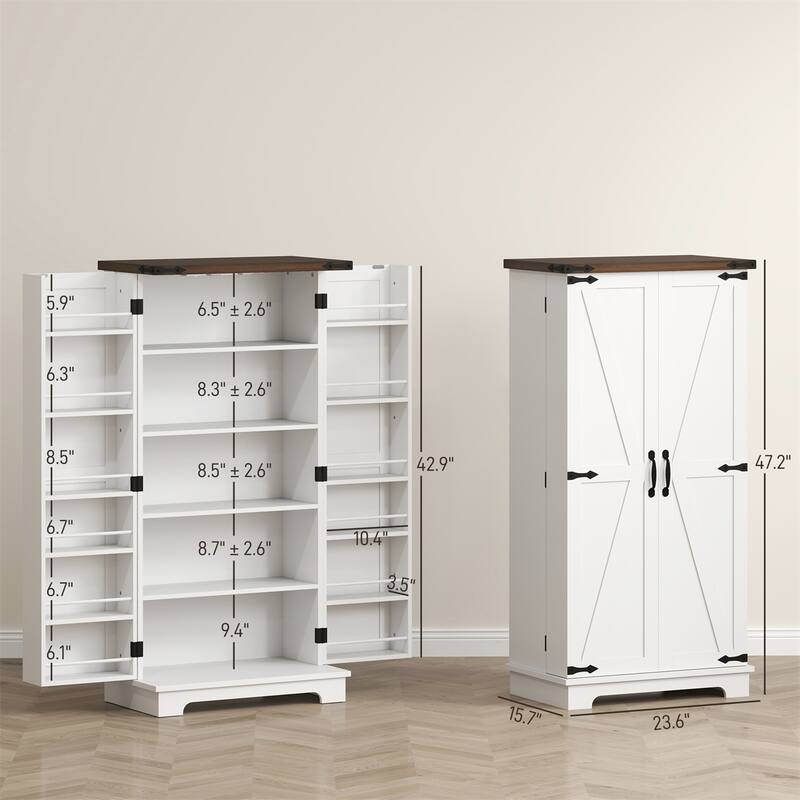 5-Tier White Kitchen Pantry Storage Cabinet with LED Sensor Light and Barn Door Design - 23.6" W x 15.7" D x 47.2" H