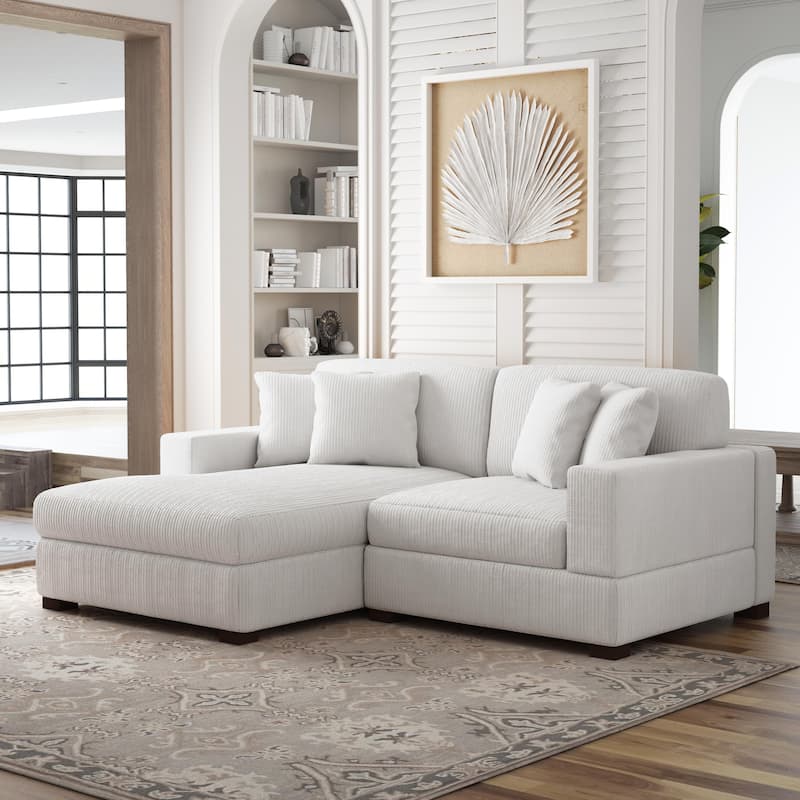 Corduroy Modular Couch Sectional Chaise Lounge Sofa - Beige - Left Facing