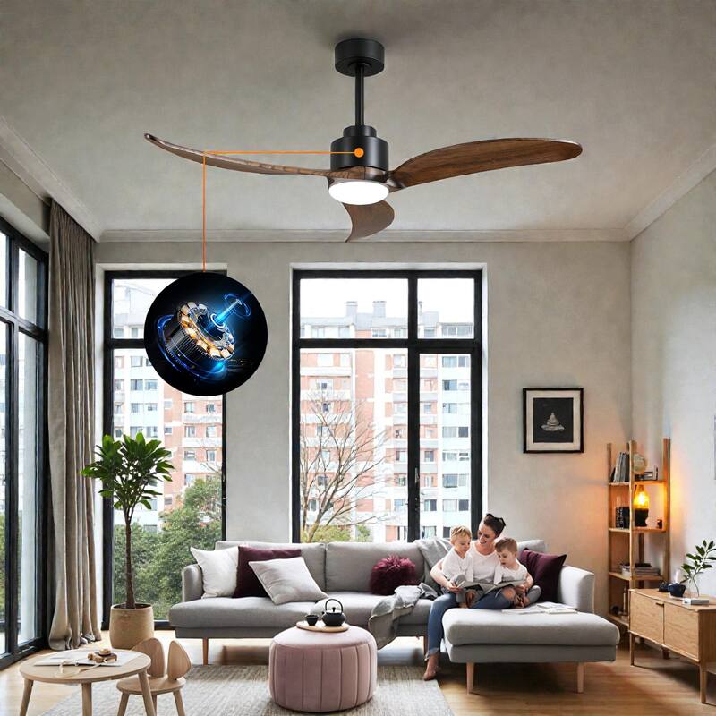 52 Inch Ceiling Fan with Dimmable LED Light, Solid Wood Blades, Quiet Reversible DC Motor, Remote, 6 Speeds, 3 Downrods