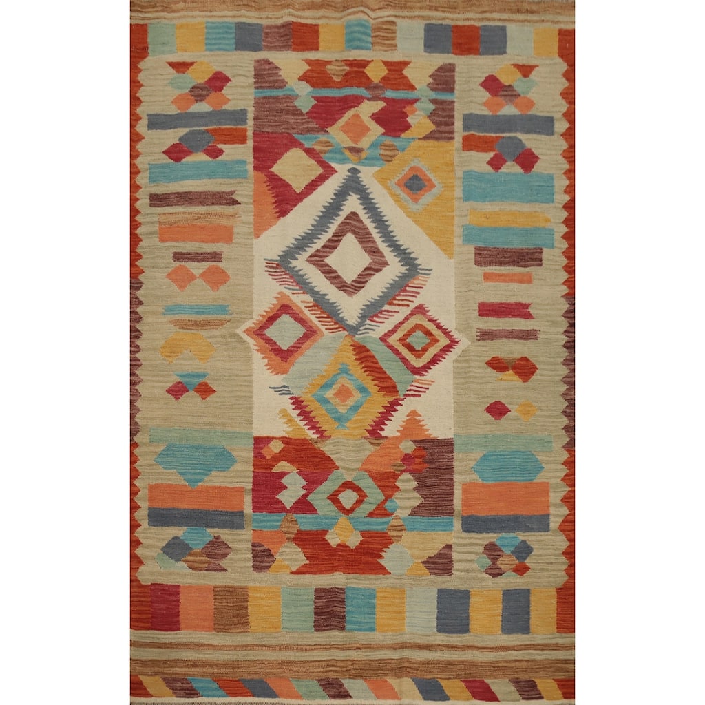 Hand Woven Oriental 100% Wool Carpet Southwestern Tribal Multi-Colored Kilim Area Rug - 6' 5'' X 4' 10''