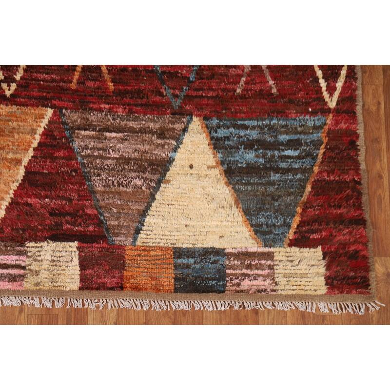 Hand Knotted Oriental 100% Wool Carpet Modern Tribal Red Moroccan Area Rug - 9' 11'' X 6' 4''