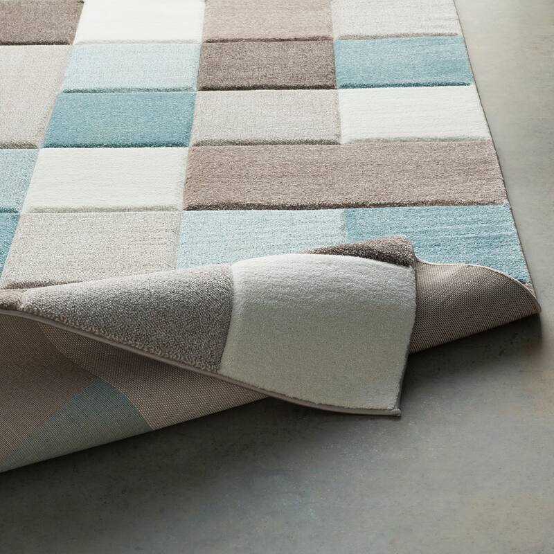 Modern Geometric Carved Blue and Grey Runner Rug - 2' 7" x 7' 6"
