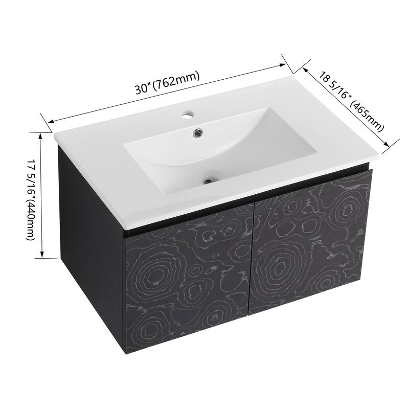 30" Floating Wall-Mounted Bathroom Vanity with Soft-Close Door Hinges, Ceramic Sink & Ample Storage