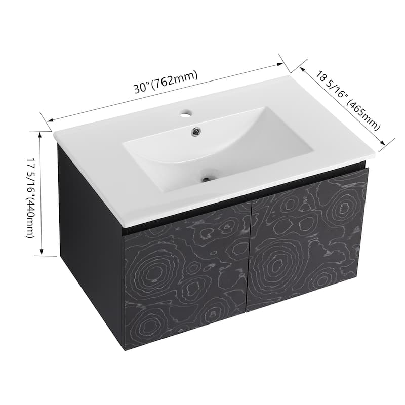 Modern 30'' Wall-Mounted Vanity with Ceramic Sink & Triple Soft-Close Cabinet Doors